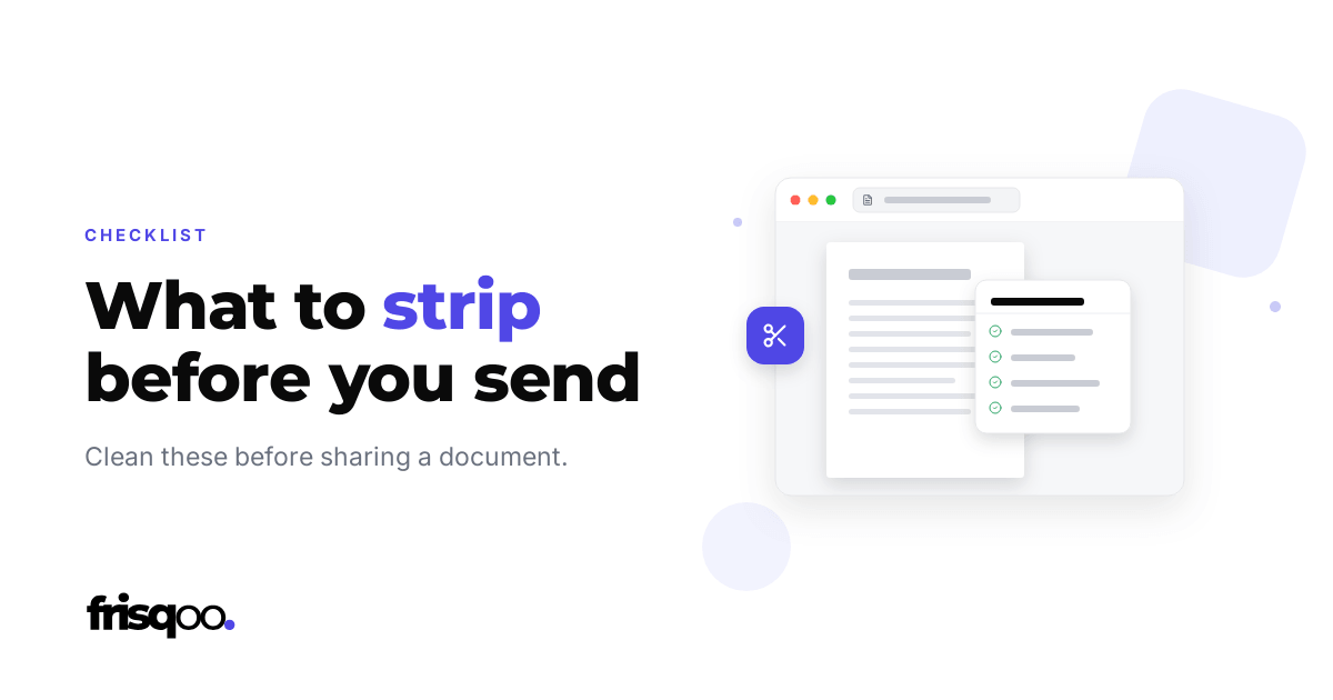 Frisqoo blog cover for 'What to strip before you send a document', labelled CHECKLIST, with the line 'Clean these before sharing a document.'