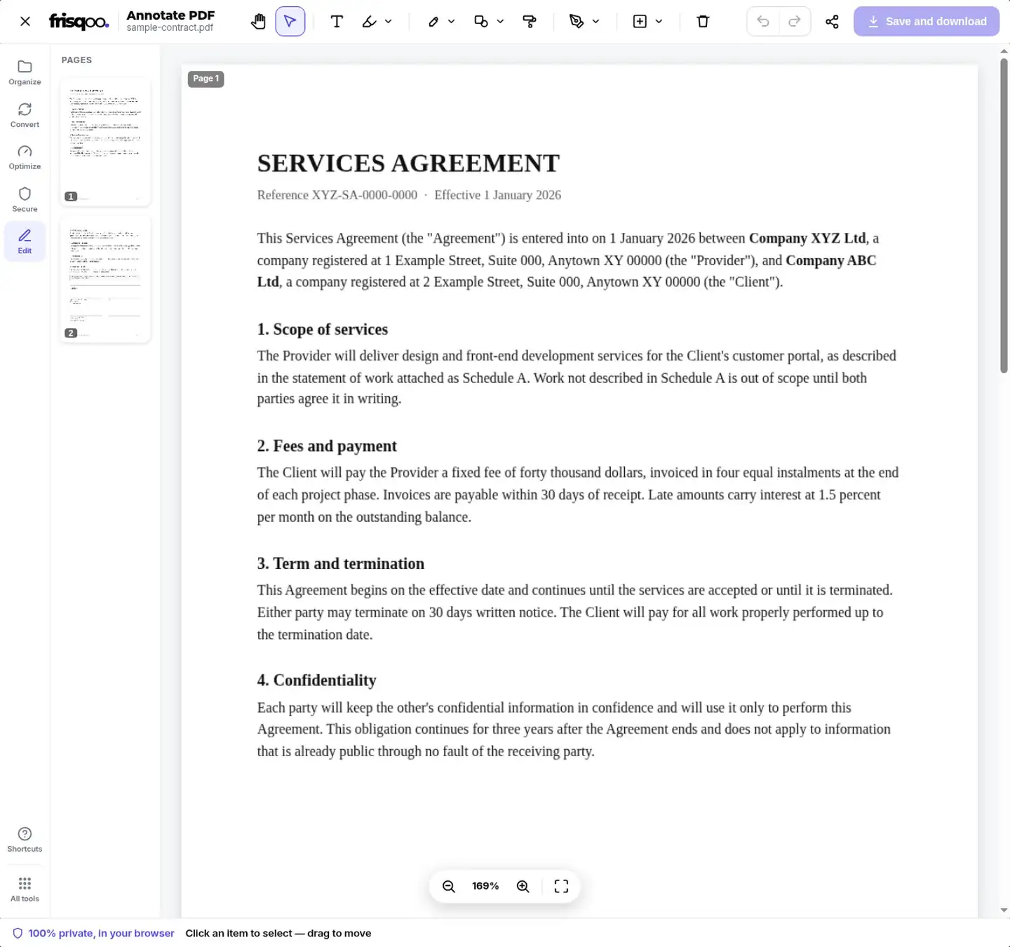 Annotate PDF editor showing a two-page fictional services agreement and its markup toolbar.