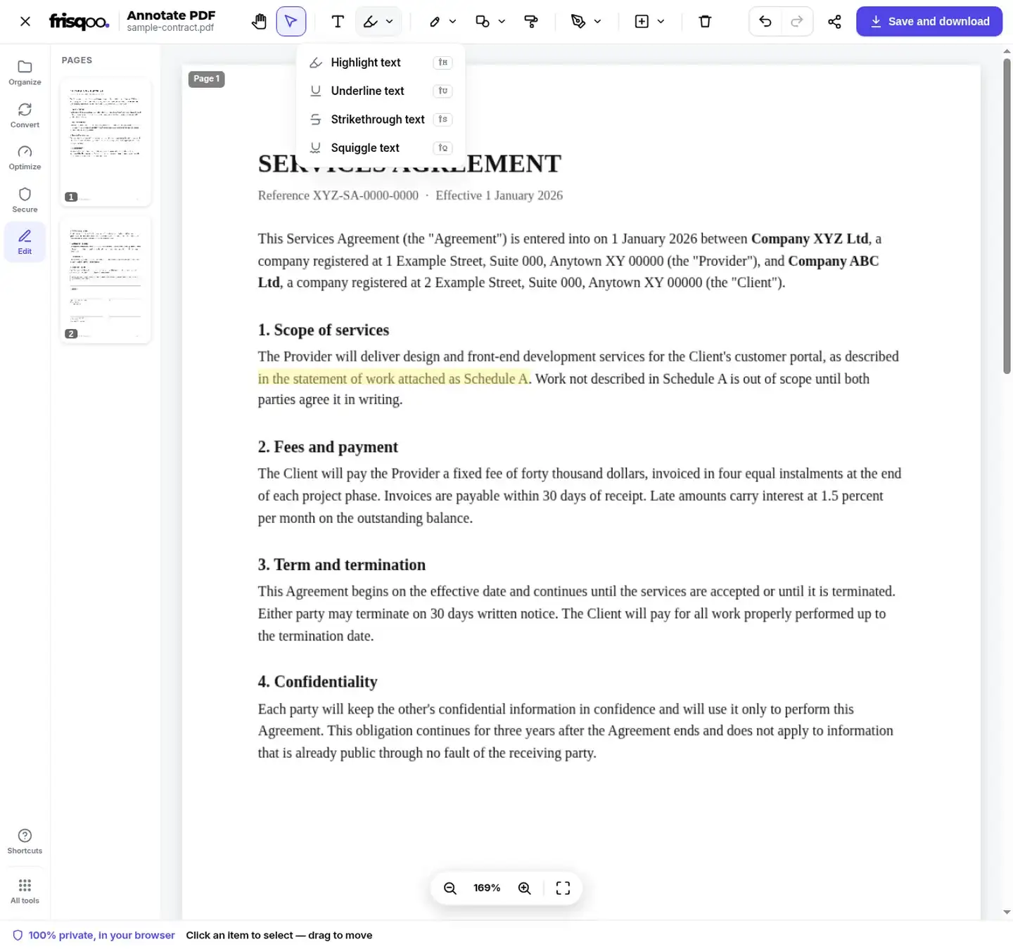 Annotate PDF editor with a phrase highlighted and the Markup menu open.