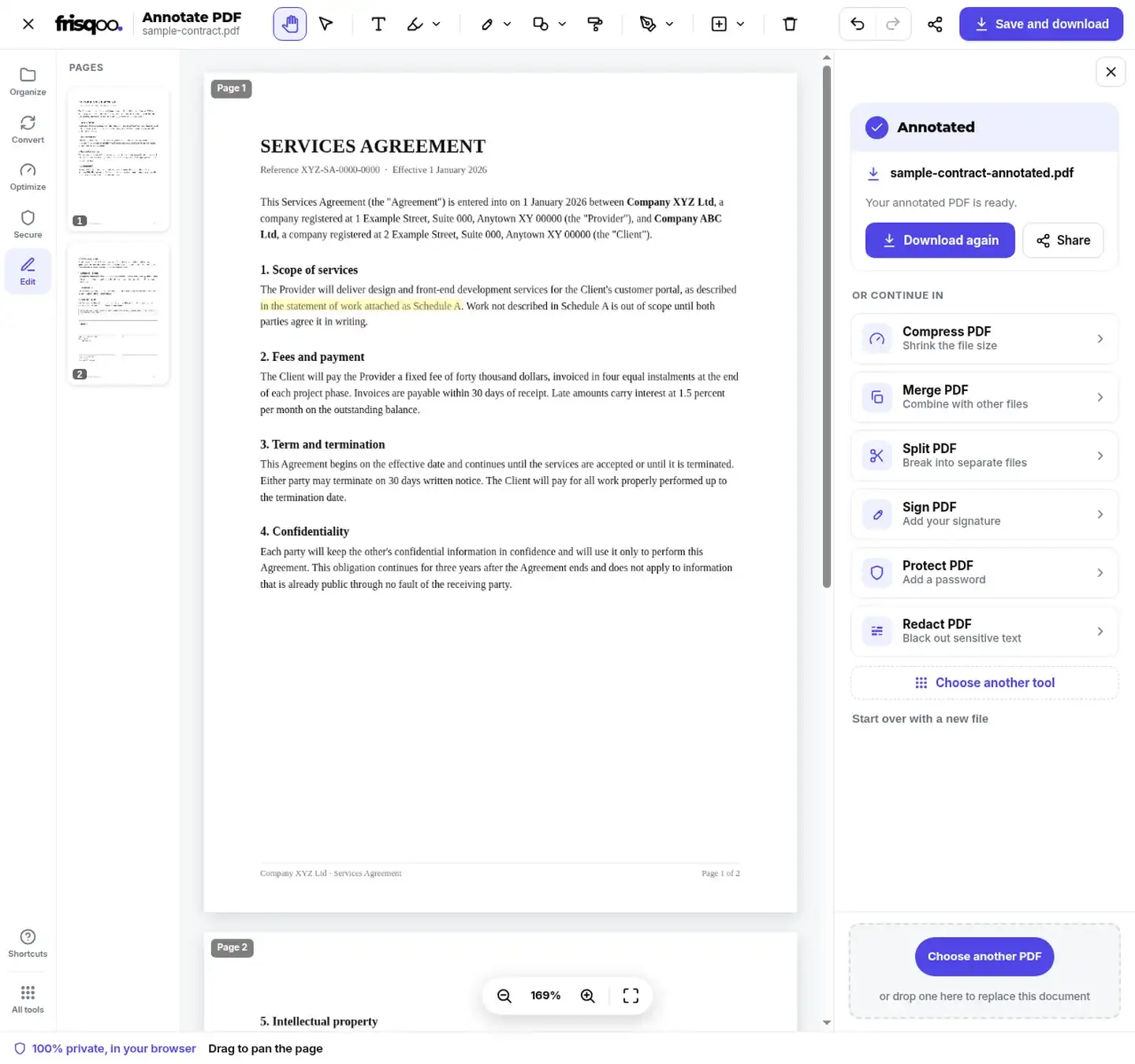 Completed Annotate PDF editor showing sample-contract-annotated.pdf and Download again.