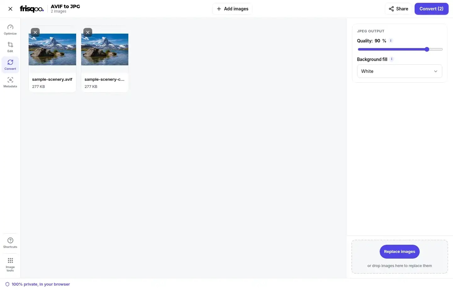 Two AVIF files queued with JPEG quality and background settings