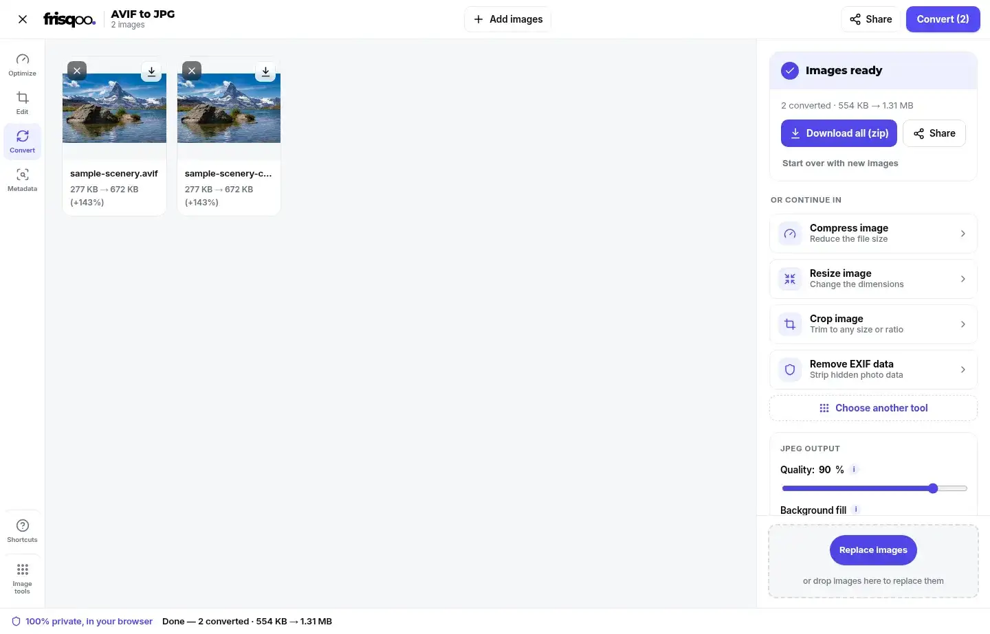 Converted JPG images ready for separate or ZIP download