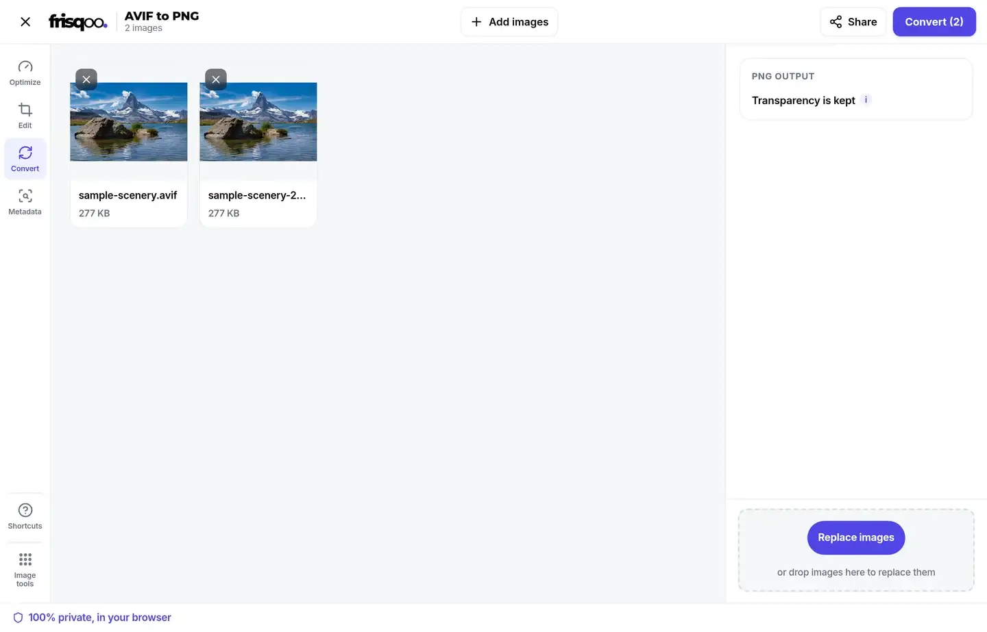 Two AVIF images queued for conversion with transparency kept