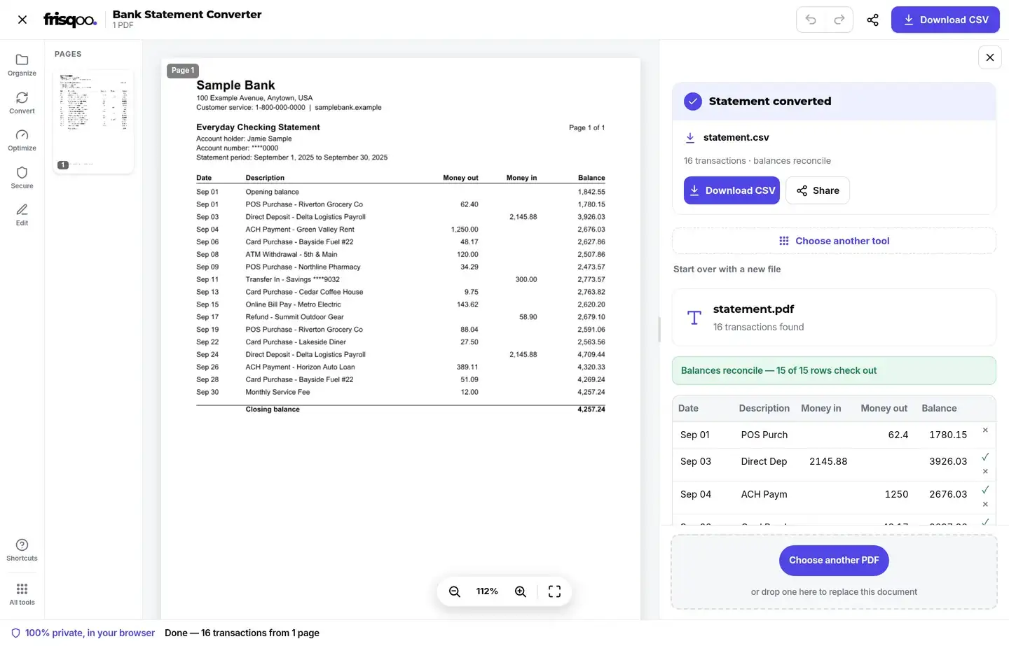 Bank Statement Converter showing a statement PDF beside the recovered transaction table
