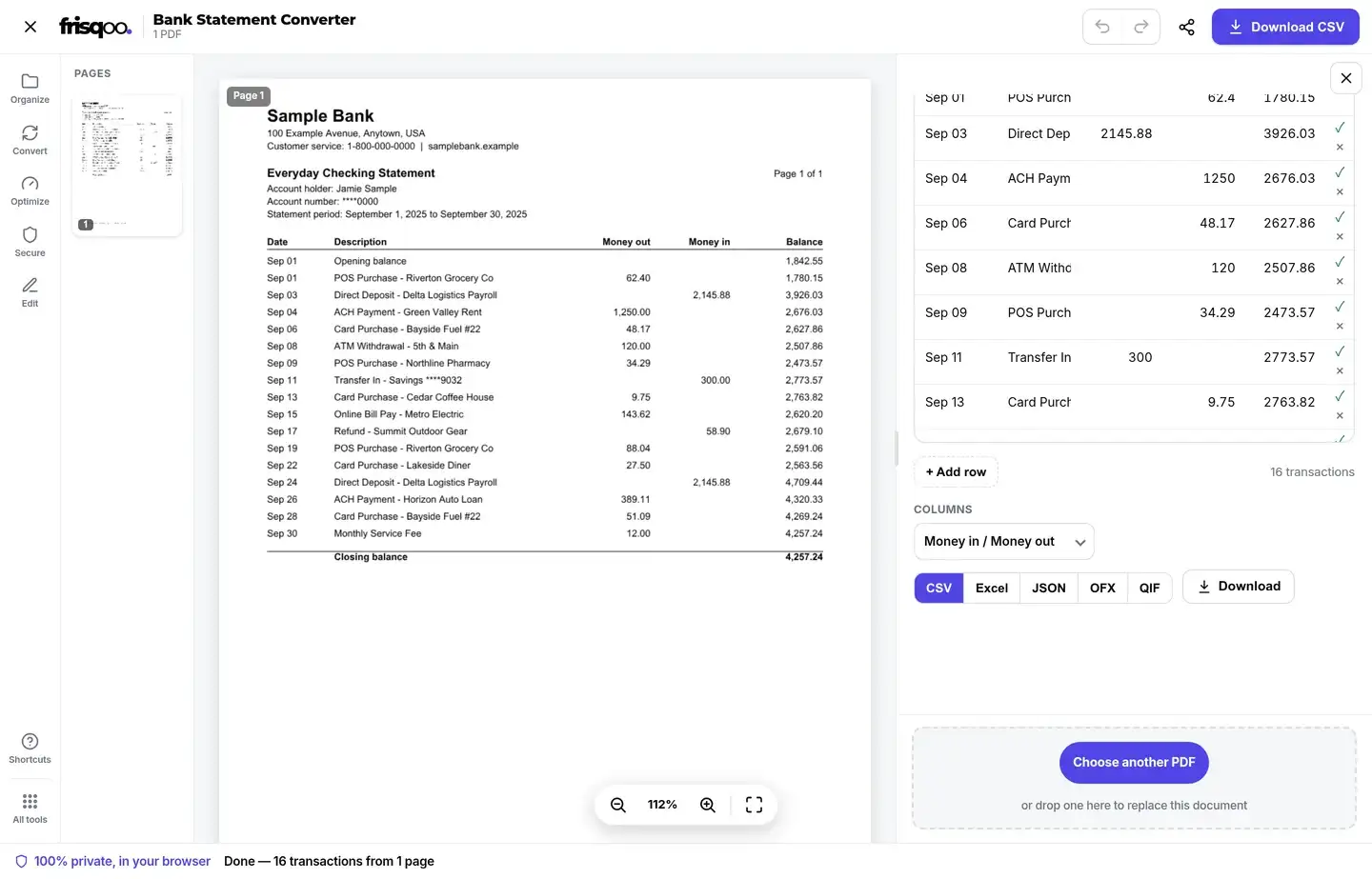 Bank Statement Converter export controls with a column layout menu and format buttons
