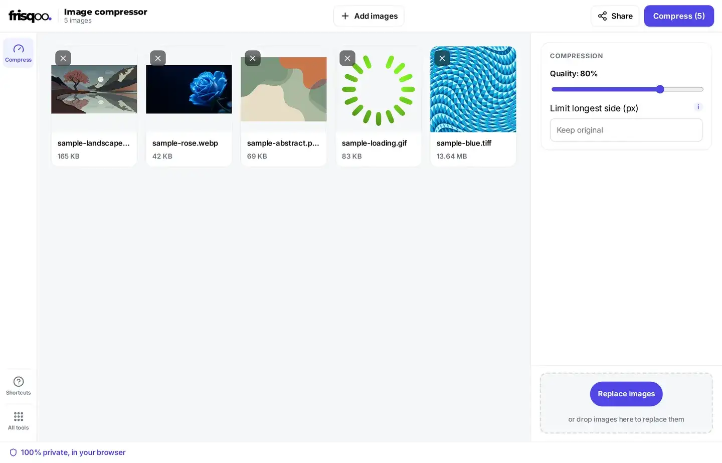 Compress images controls: quality slider and size options