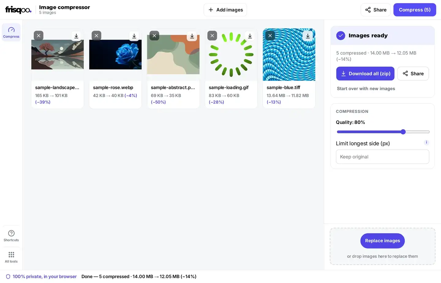 Compressed images showing their reduced file sizes