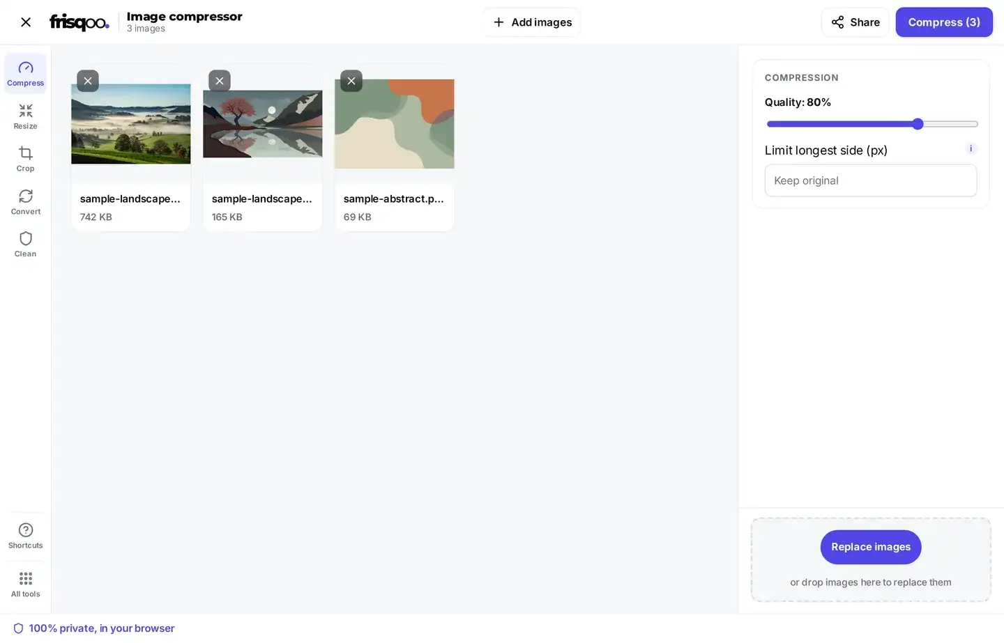Three images added to the frisqoo compressor, ready to compress together
