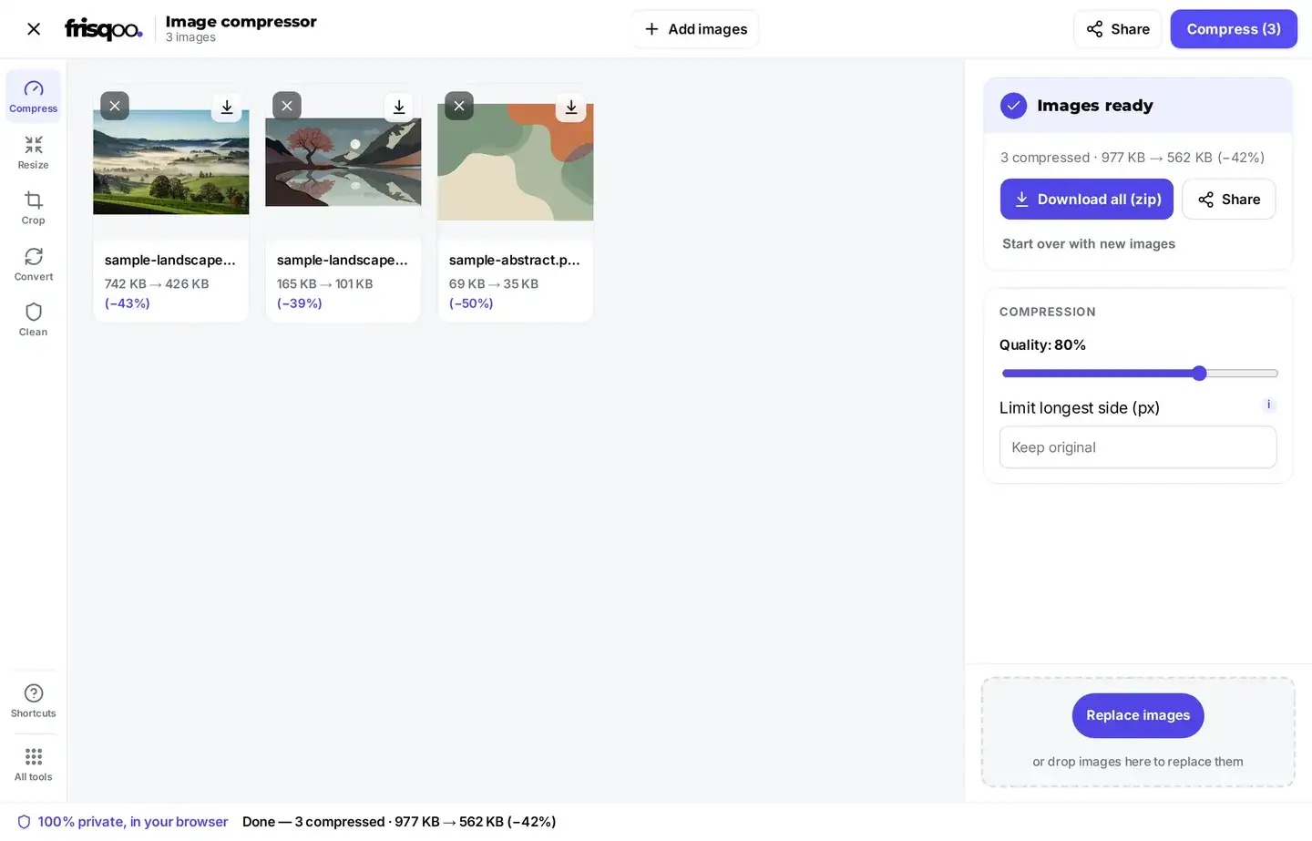 Three compressed images listed with their savings and a download all button