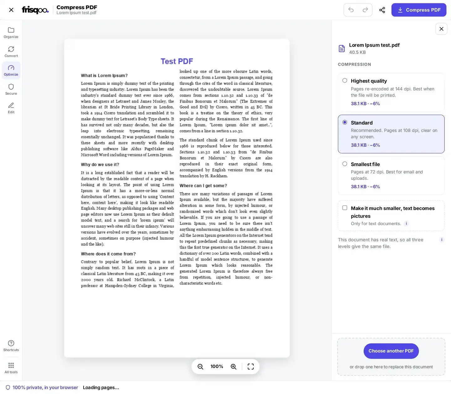 The compression panel showing the Highest quality, Standard, and Smallest file levels beside a page preview.