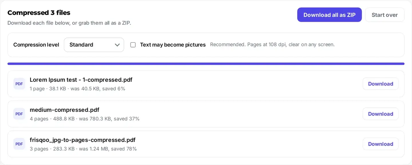 Several PDFs compressed at once, each with its own download and a Download all as ZIP button.