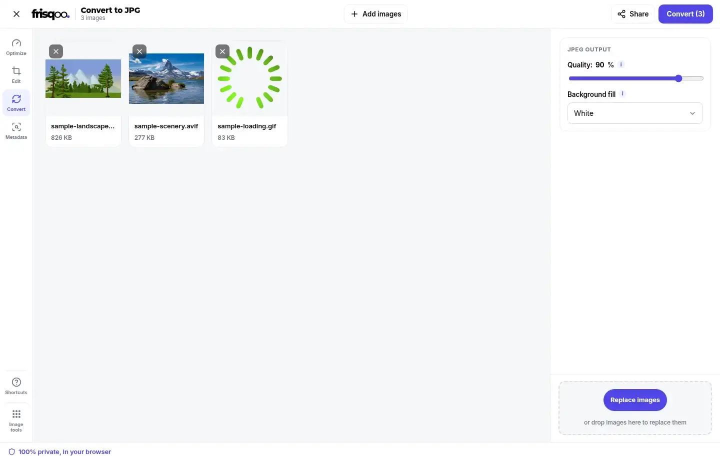 Mixed image files queued with JPEG quality and background settings