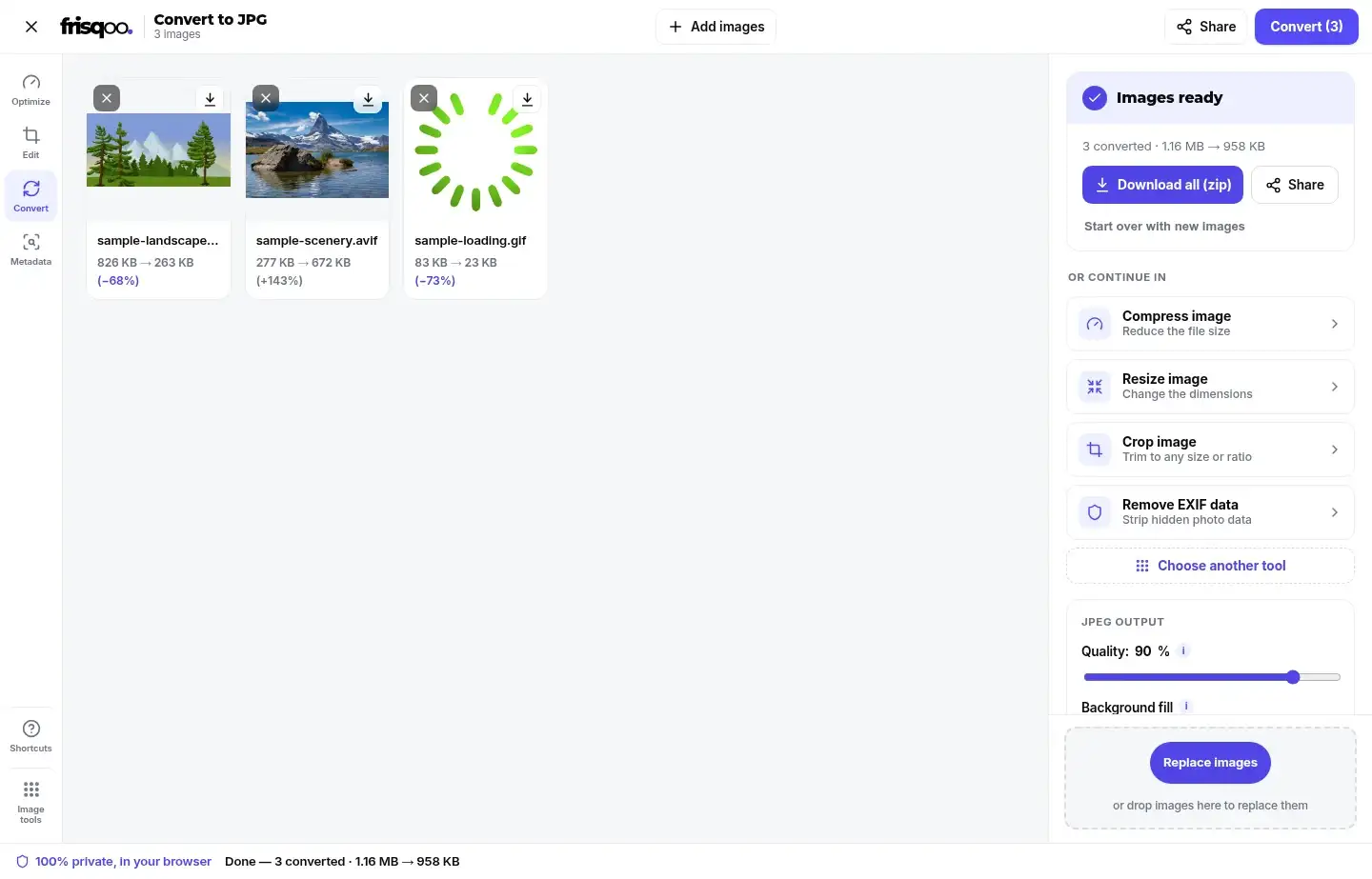 Converted JPG files ready for individual or ZIP download