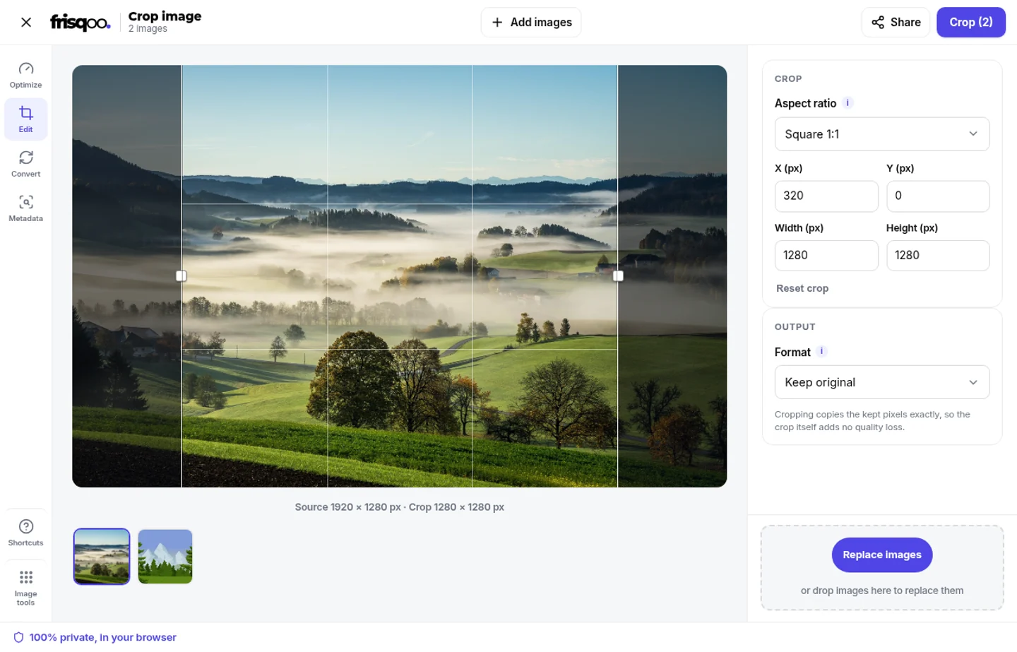 Two images in the crop image workspace with a crop rectangle, aspect ratio menu and pixel controls