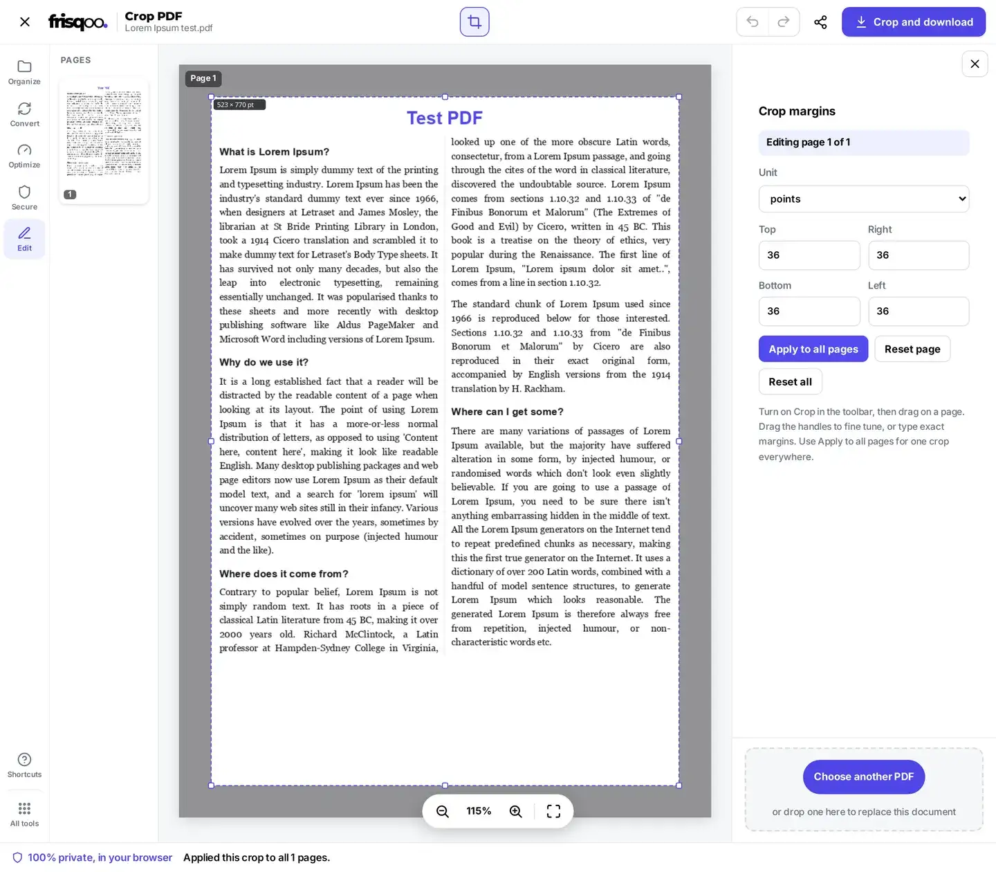 The crop editor with a page preview and a Crop margins panel for Top, Right, Bottom, and Left.