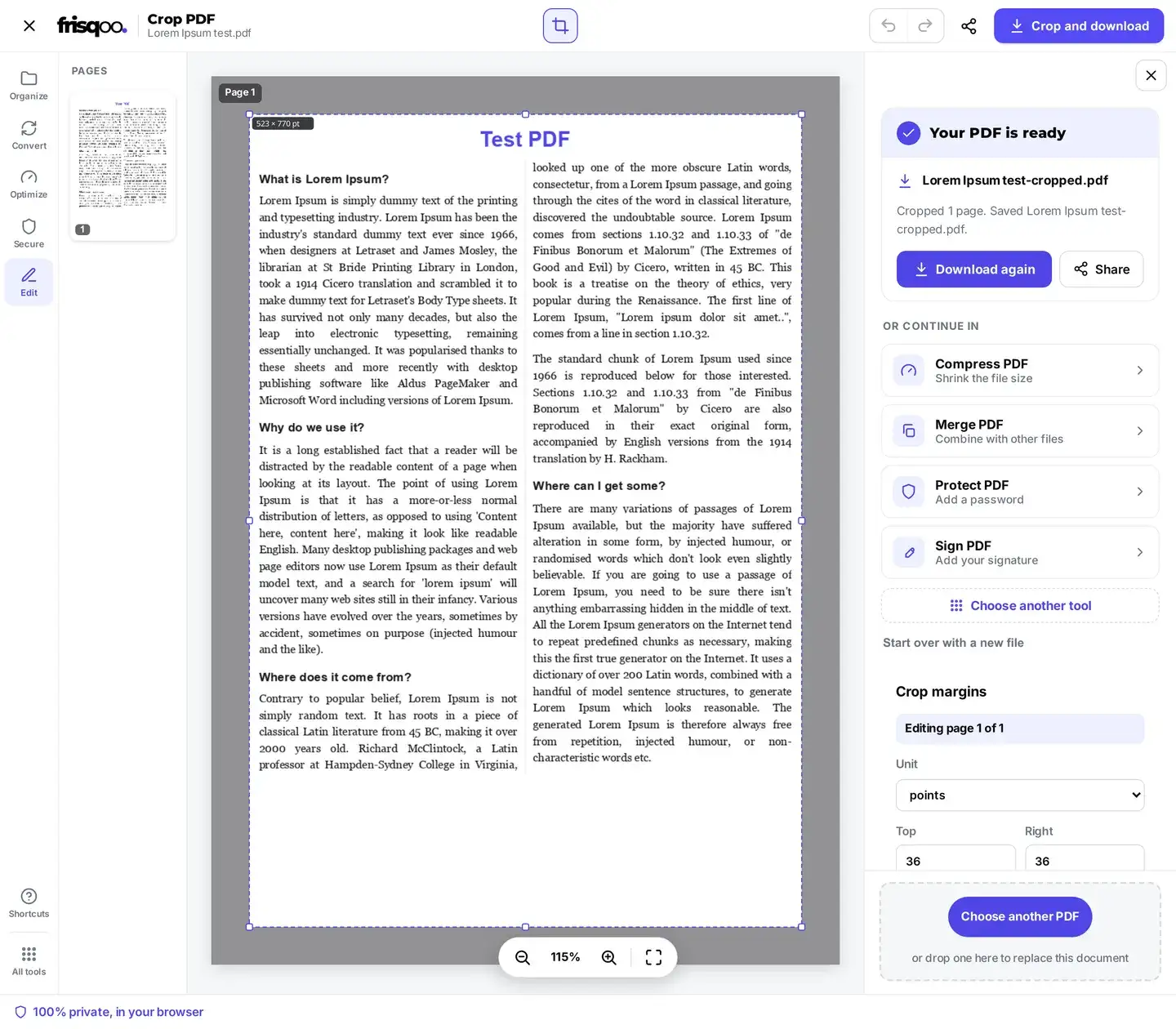 The Crop PDF result panel reading Your PDF is ready, with a Download again button and next-step tool suggestions.
