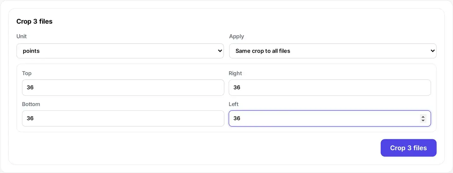 The Crop PDF bulk panel titled Crop 3 files, with unit, apply-to-all, and Top, Right, Bottom, and Left margin fields set to 36.