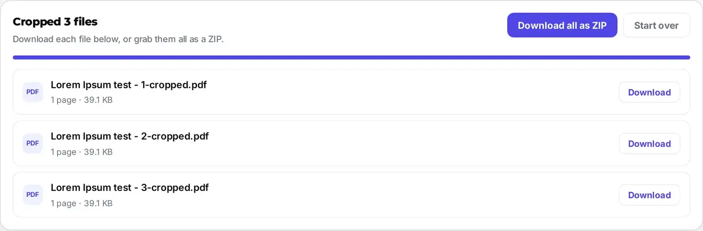 The Crop PDF bulk result showing three cropped files, each with a Download button, plus Download all as ZIP.