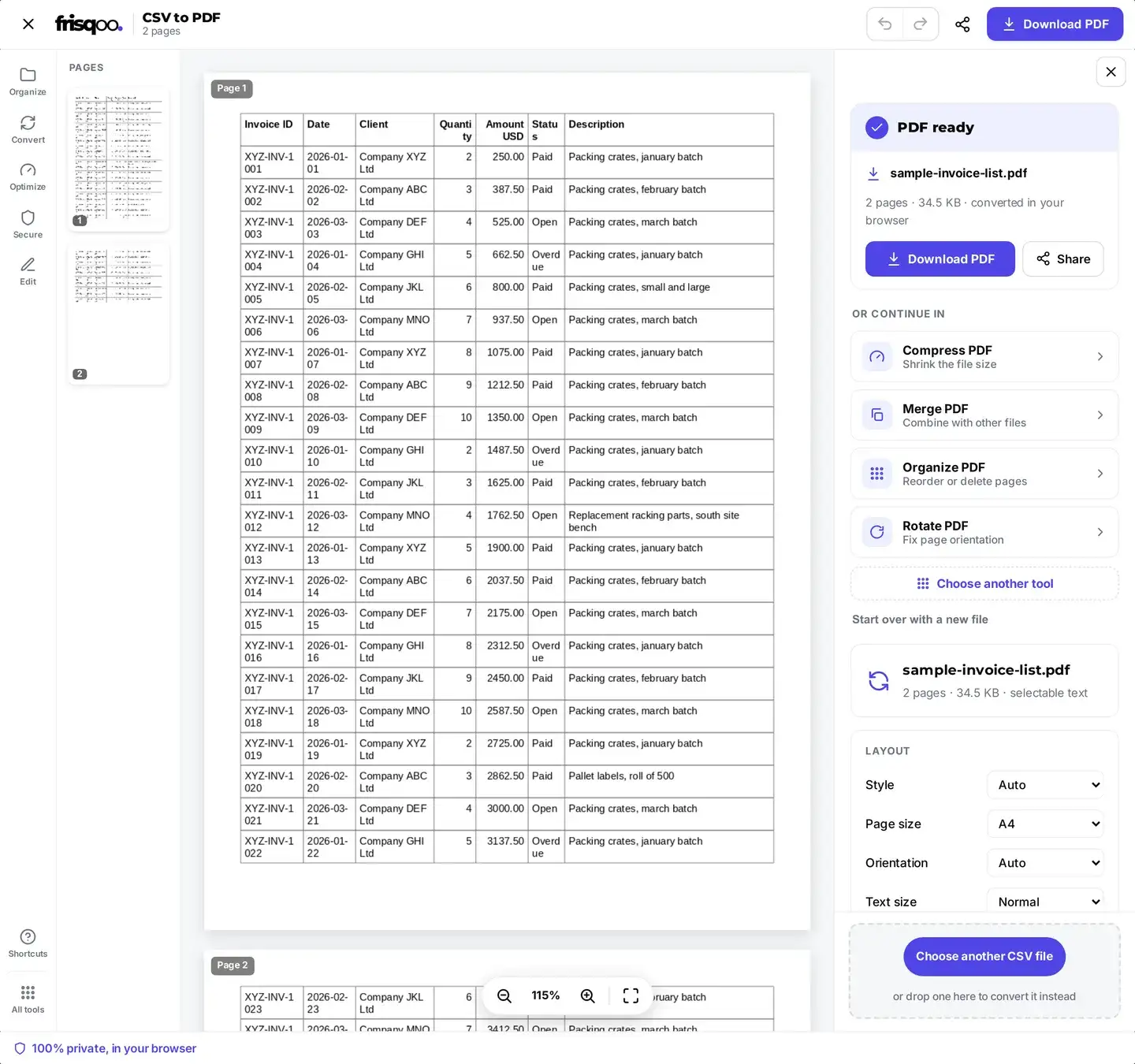 A CSV laid out as a bordered PDF table, with the layout controls for style, page size, orientation, and text size beside it.