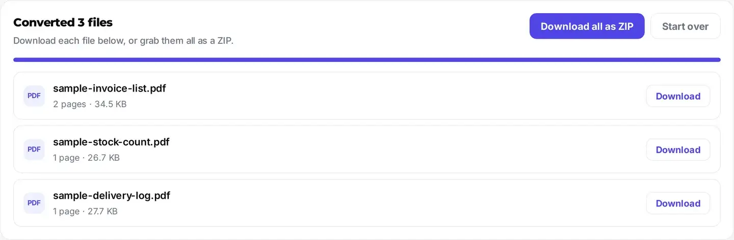 Three converted CSV files listed with their page counts and sizes, each with a Download button, above a Download all as ZIP button.