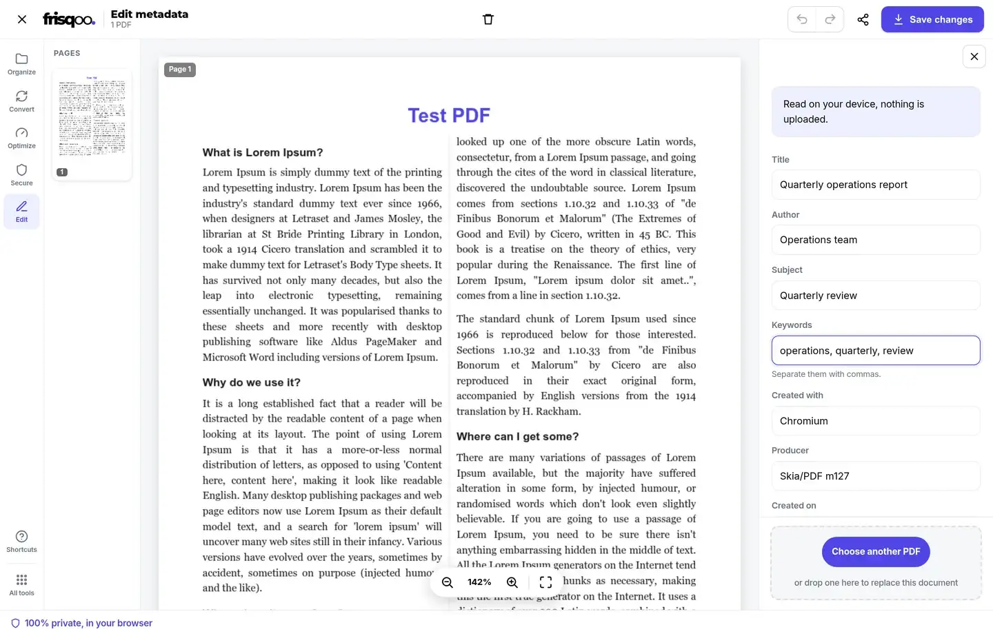 Edit PDF metadata editor with a first-page preview and completed title, author, subject, and keyword fields.