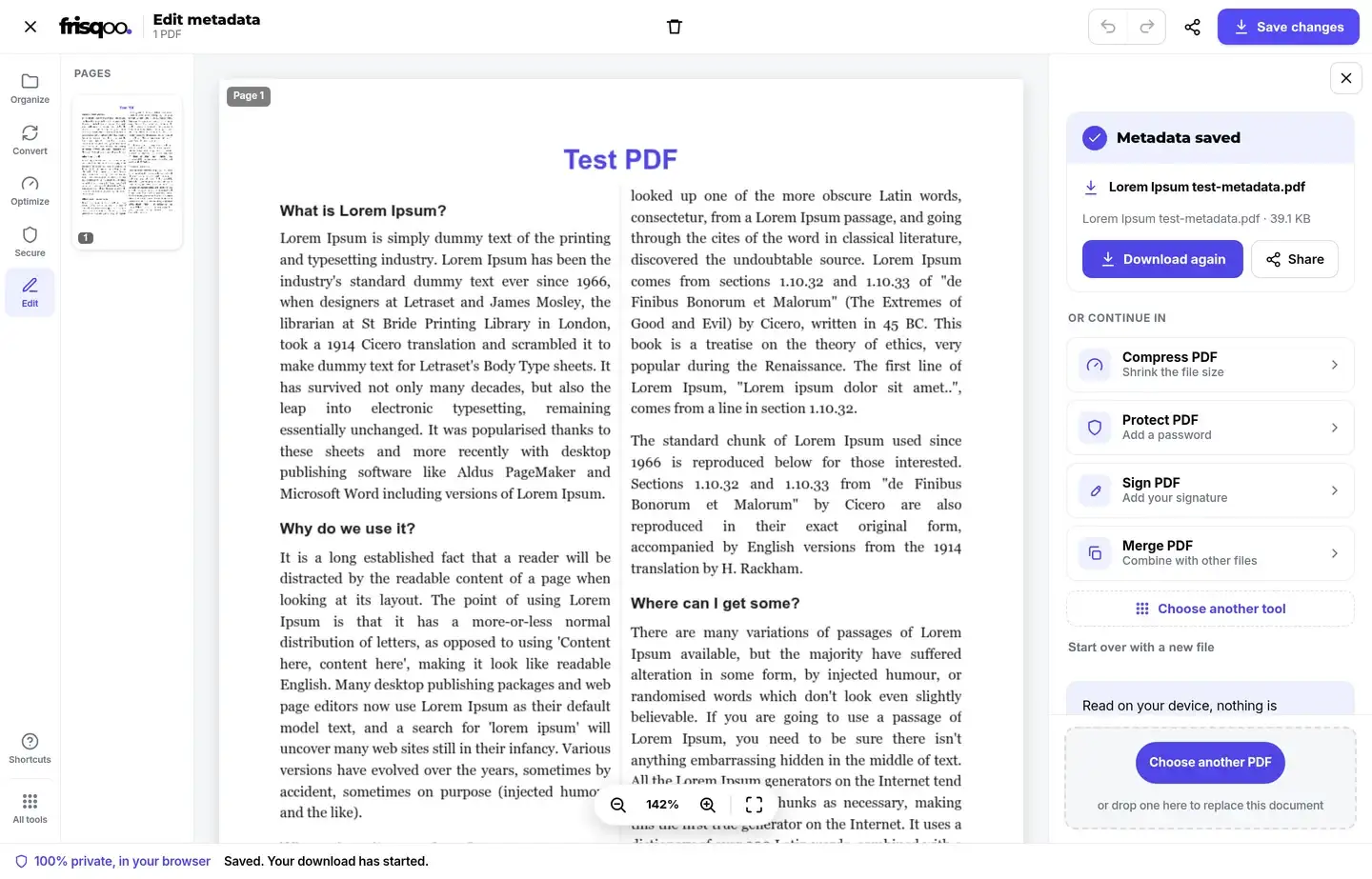 Metadata saved result with the metadata PDF filename, Download again, and follow-on PDF tools.