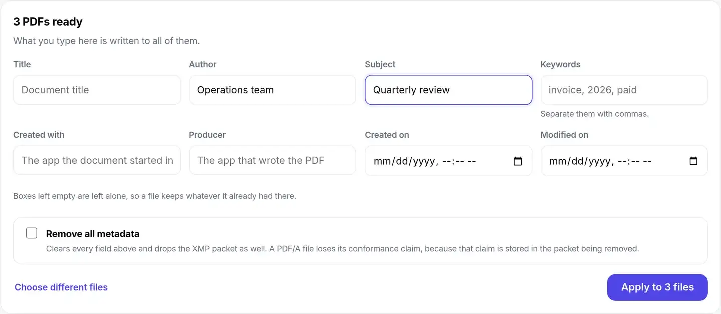 Batch metadata form for three PDFs with author and subject values and the Remove all metadata option.