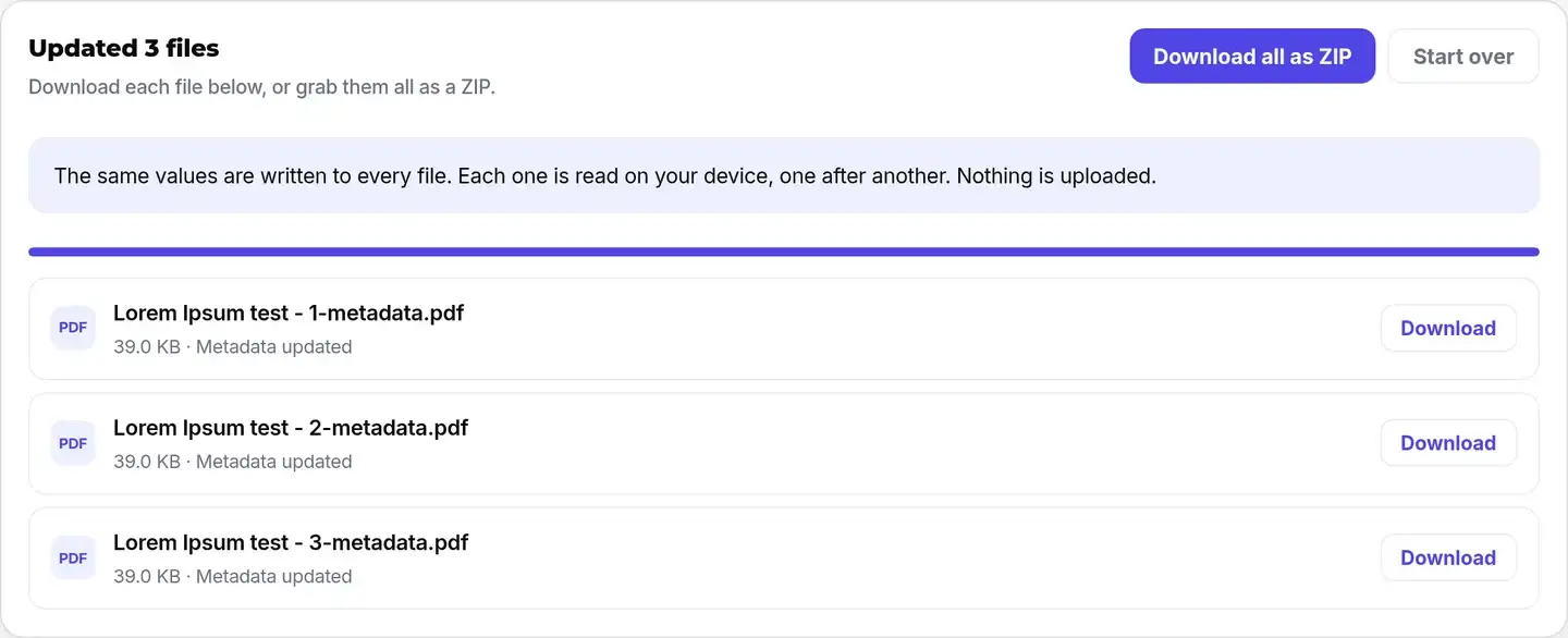 Three updated metadata PDFs with individual downloads and Download all as ZIP.