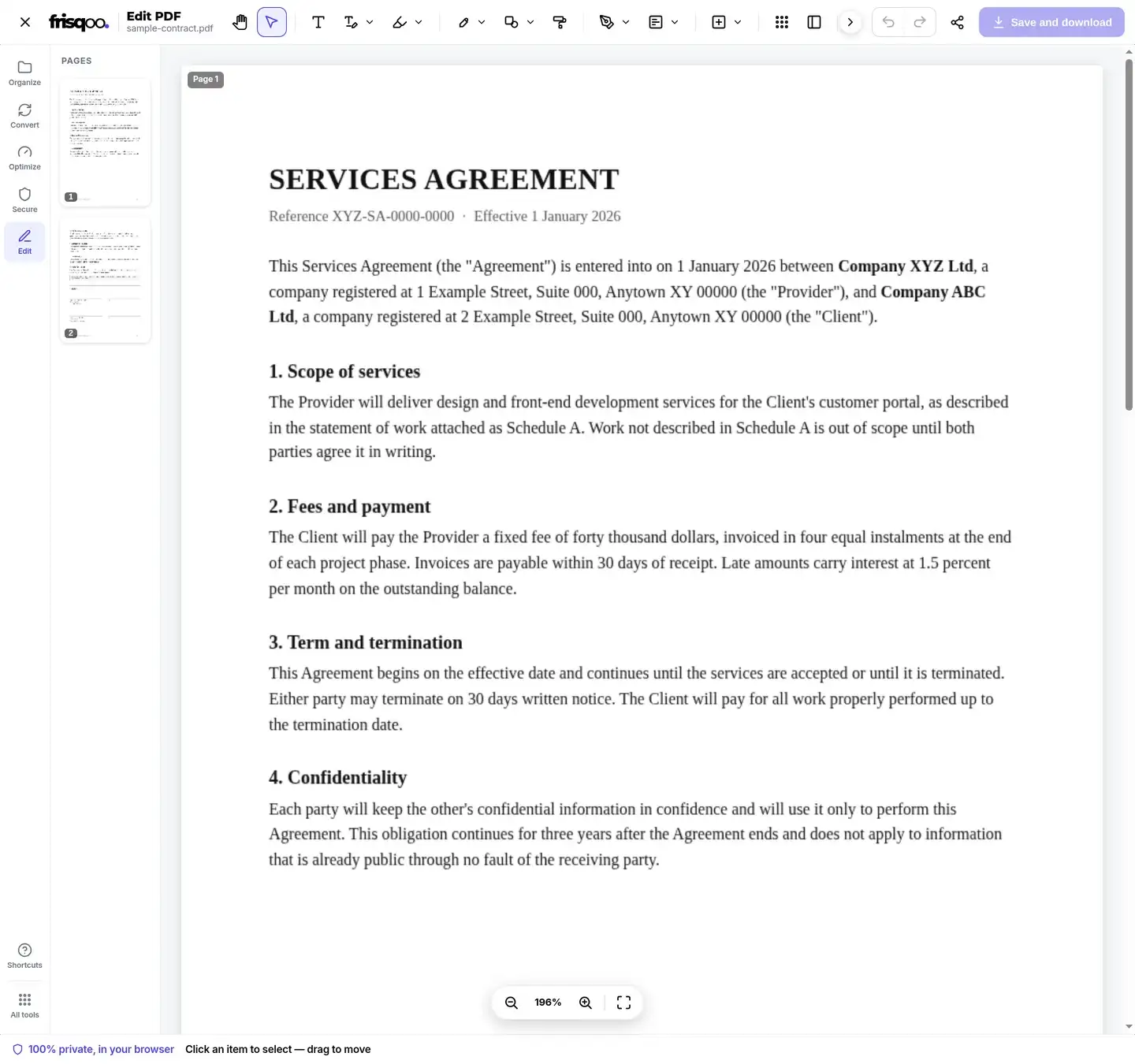 Edit PDF workspace showing a two-page fictional services agreement and the full editing toolbar.