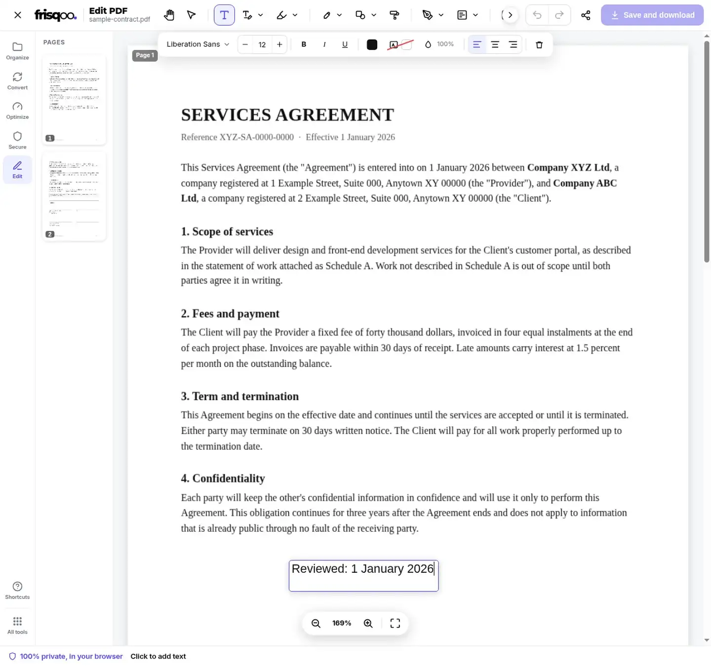 Edit PDF workspace with a fictional renewal note added to a services agreement.