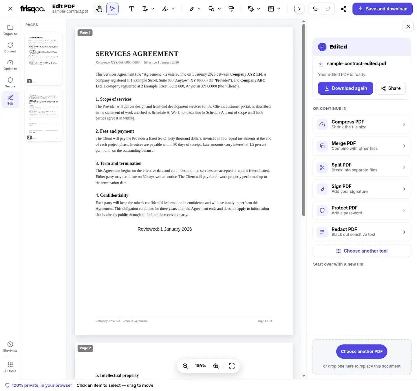 Completed Edit PDF workspace showing sample-contract-edited.pdf and Download again controls.