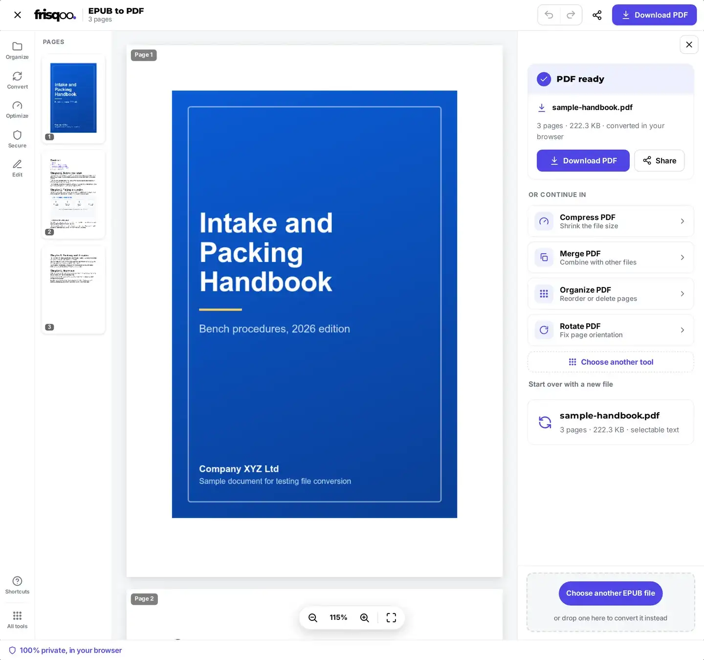 The converted e-book previewed page by page, with the ready panel showing the page count, the file size, and a Download PDF button.