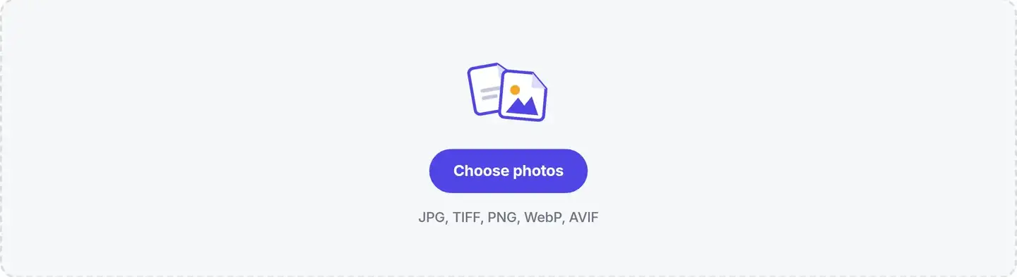 EXIF data viewer drop area before adding a photo, listing the formats it reads