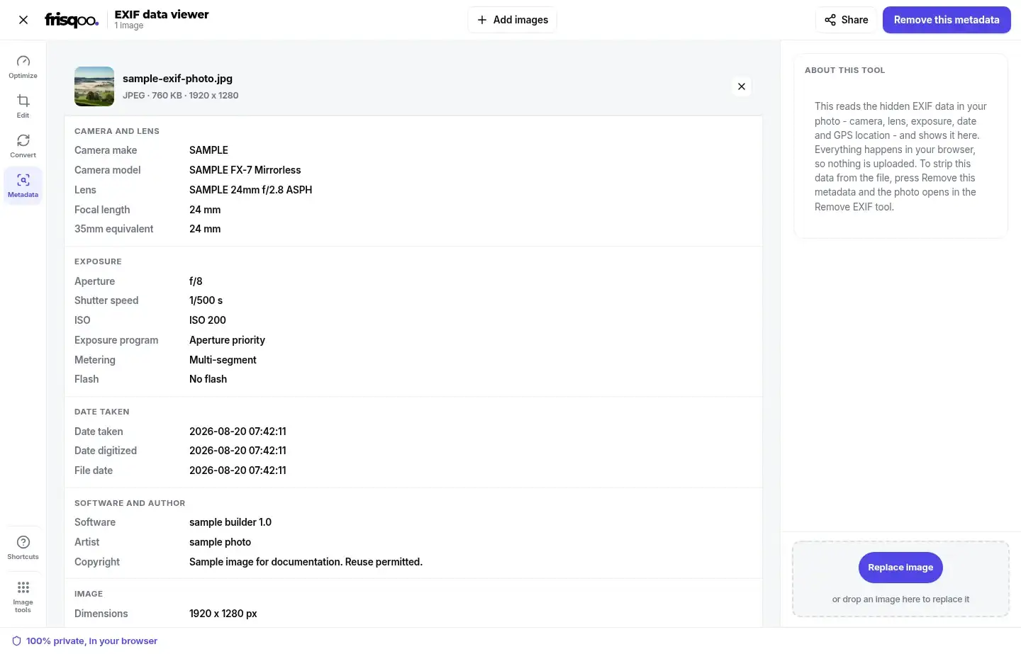 EXIF data viewer showing a photo's camera, lens, exposure and date groups