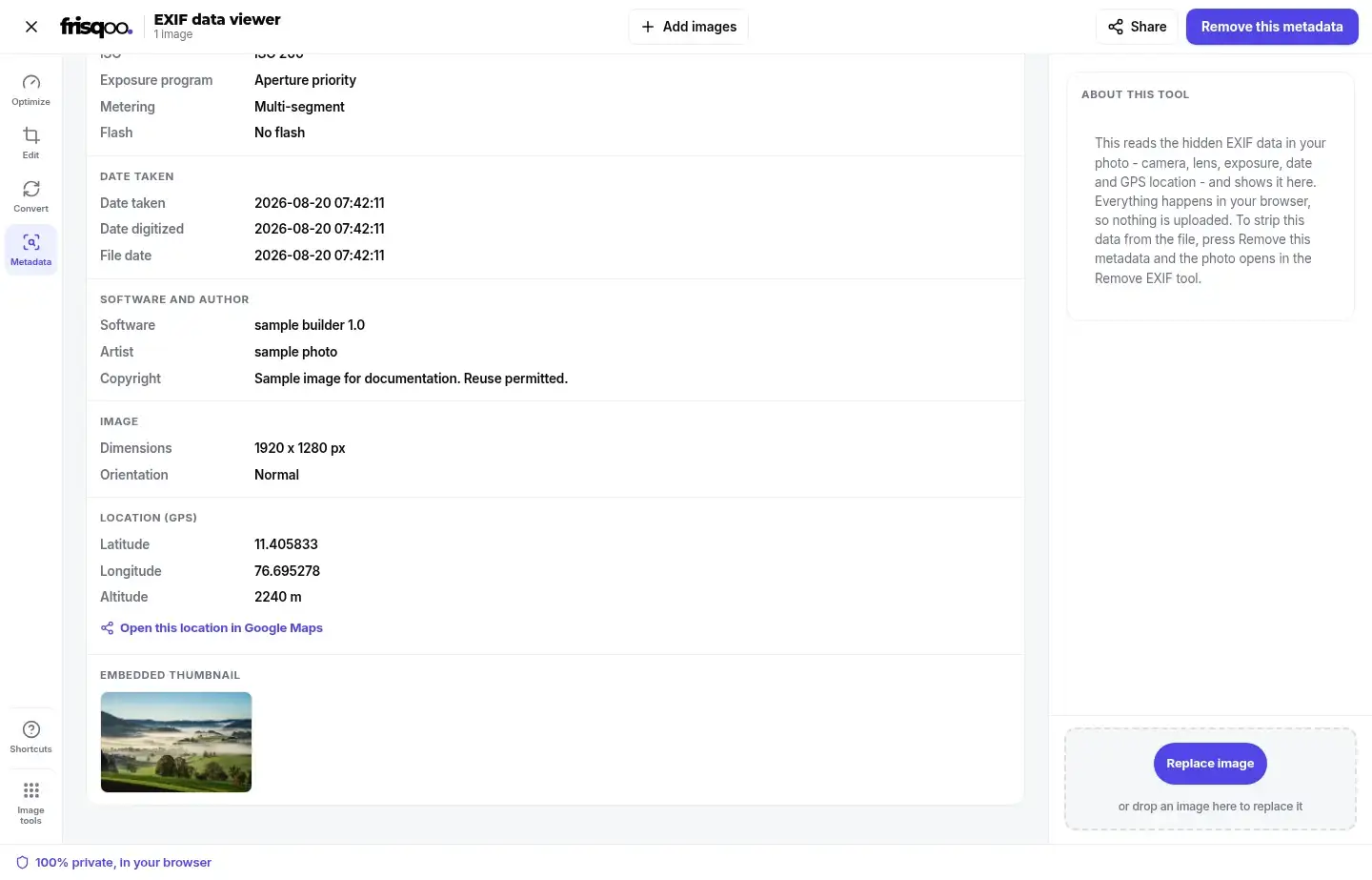 EXIF data viewer location group with GPS coordinates and a Google Maps link