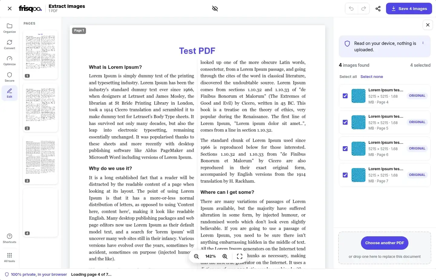 Extract Images editor showing four selected original JPEG images beside a PDF preview
