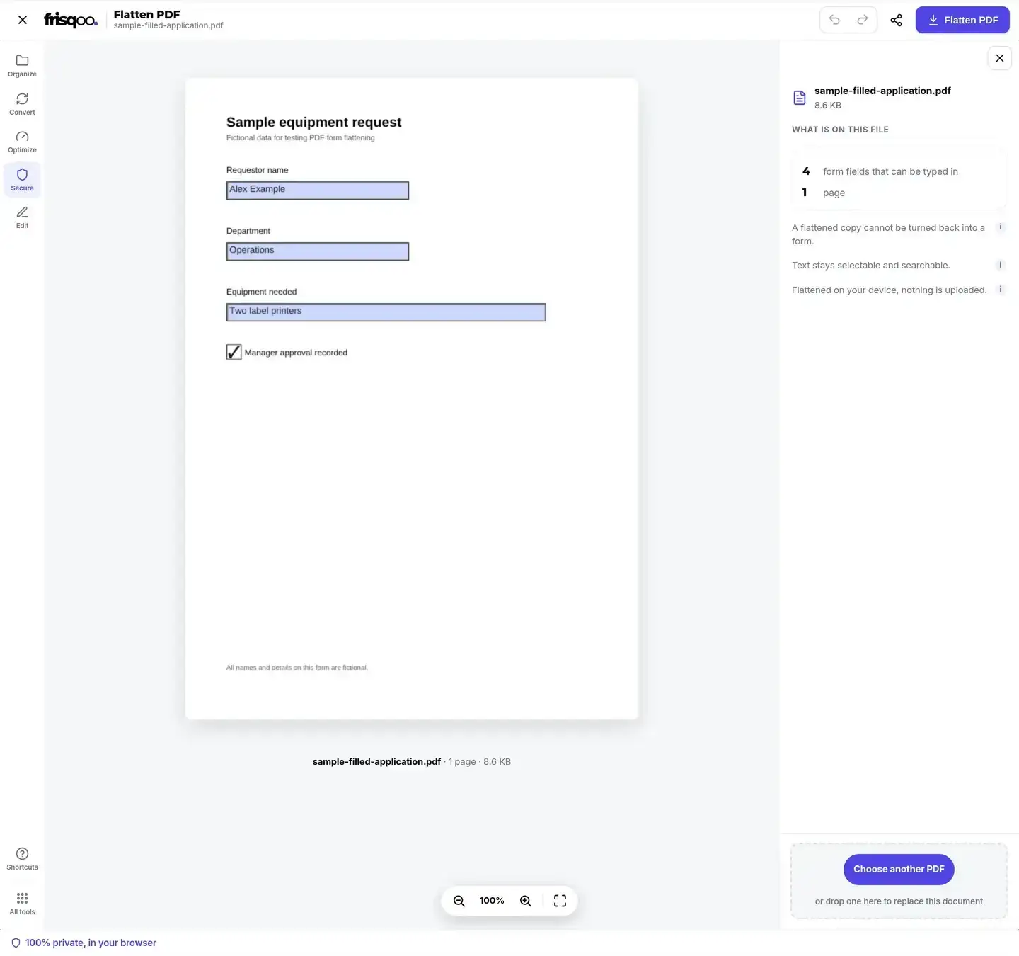 Flatten PDF editor showing a filled form preview and a panel counting four form fields on one page.