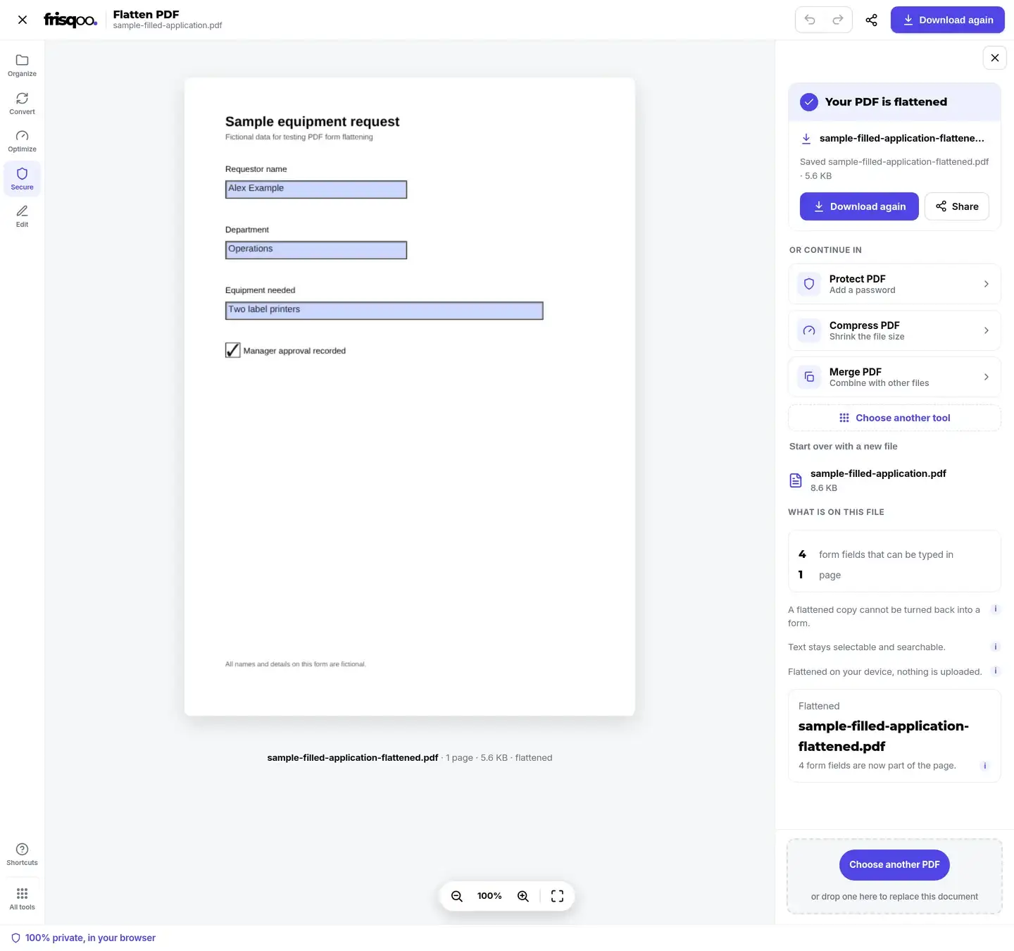 Completed Flatten PDF editor with the flattened form and Download again controls.