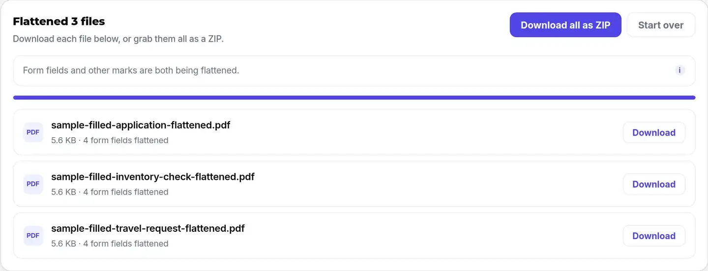 Completed Flatten PDF batch with three successful files, individual Download buttons, and Download all as ZIP.
