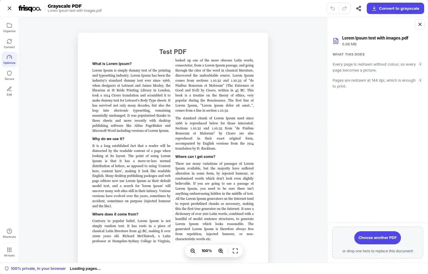 Grayscale PDF editor showing the first page in gray and the 144 dpi explanation