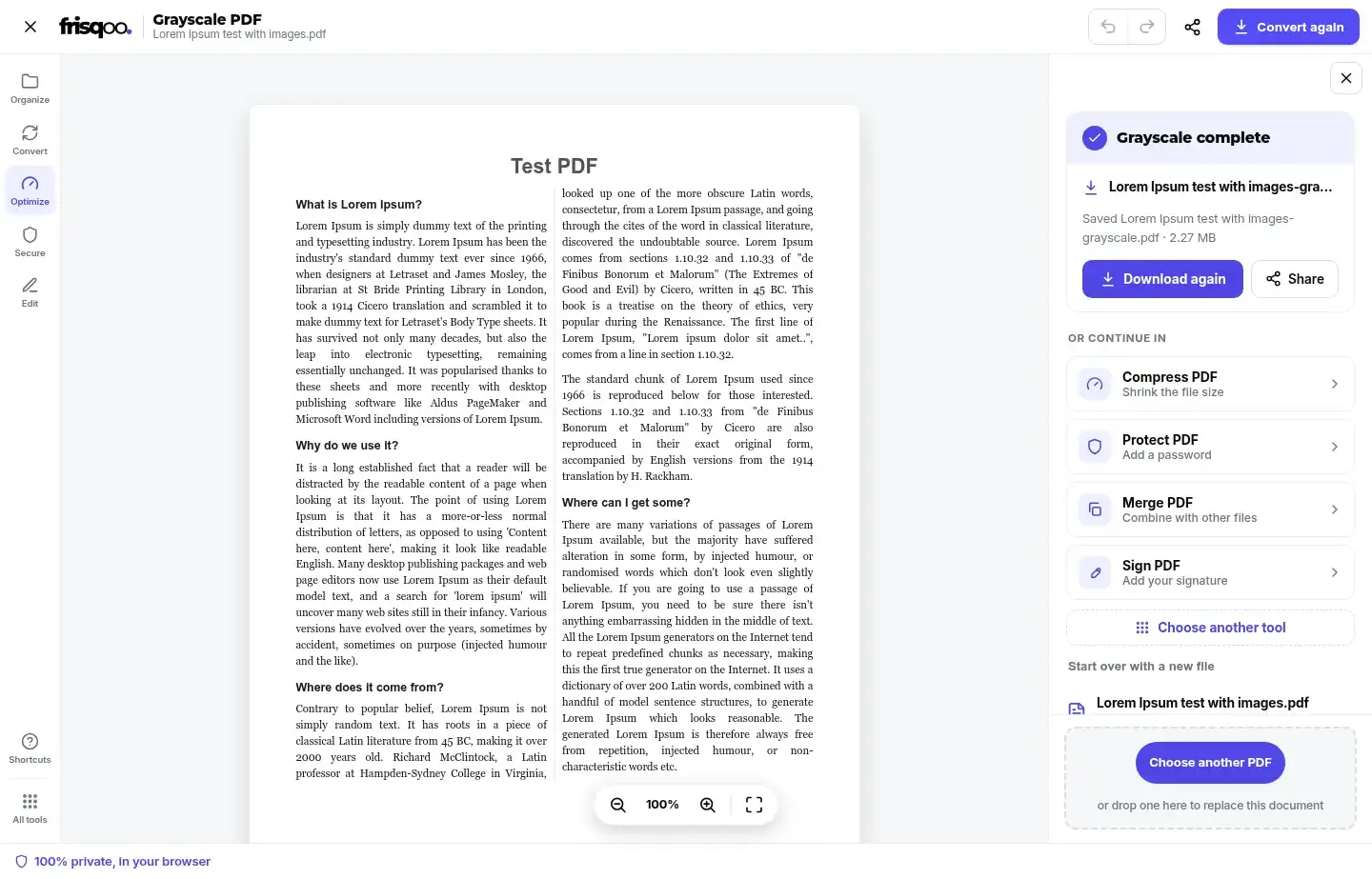 Completed Grayscale PDF result with download and follow-on PDF tools