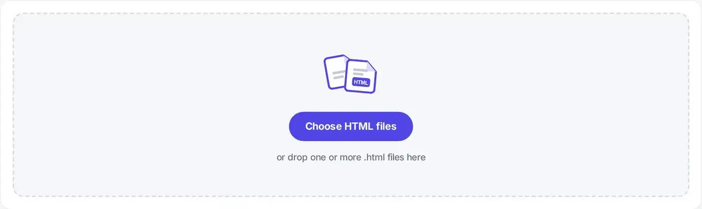 The HTML to PDF drop area, ready for one or more .html files.