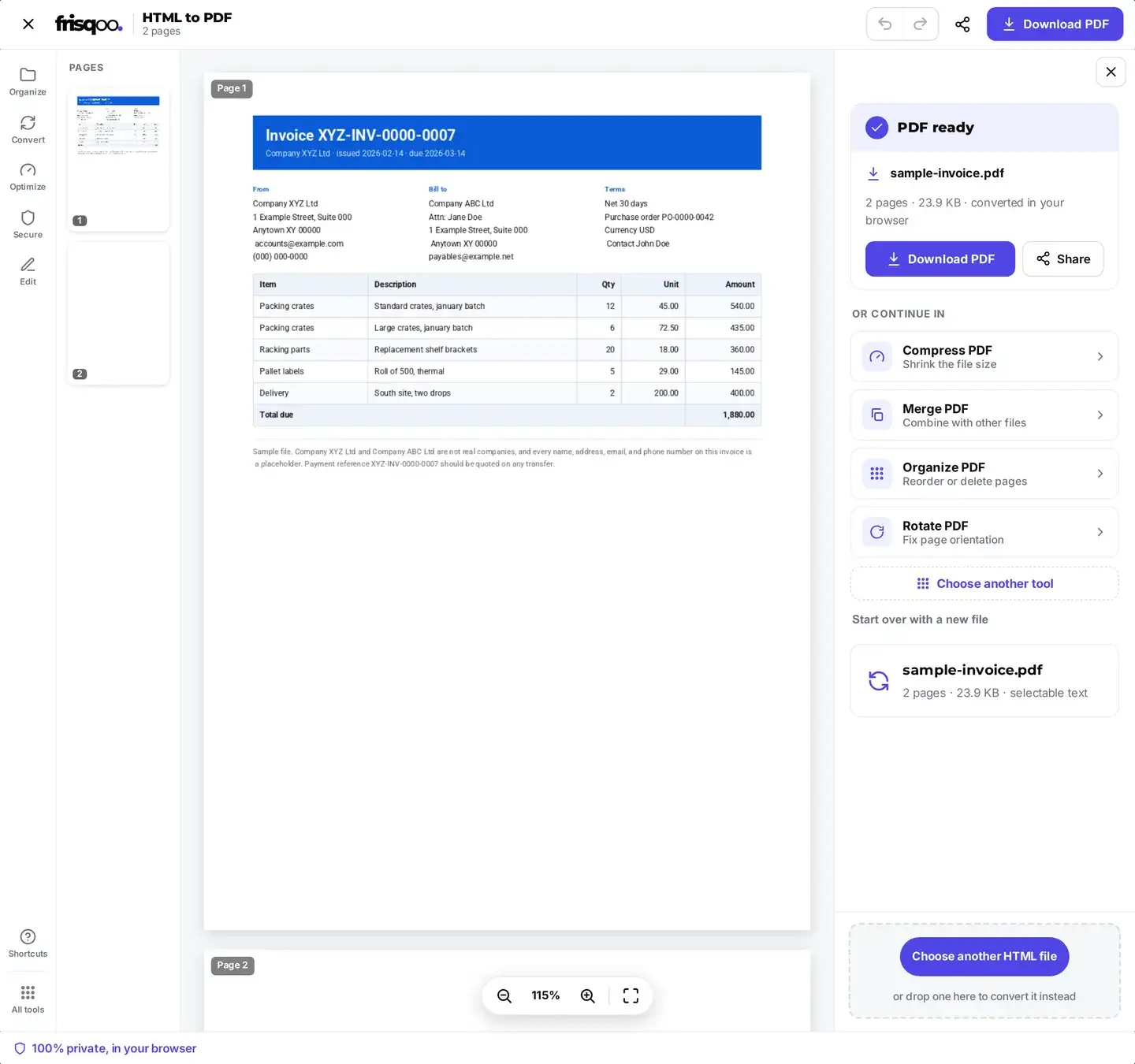 The converted HTML page shown in the preview, with the ready panel giving the page count, the size, and a Download PDF button.