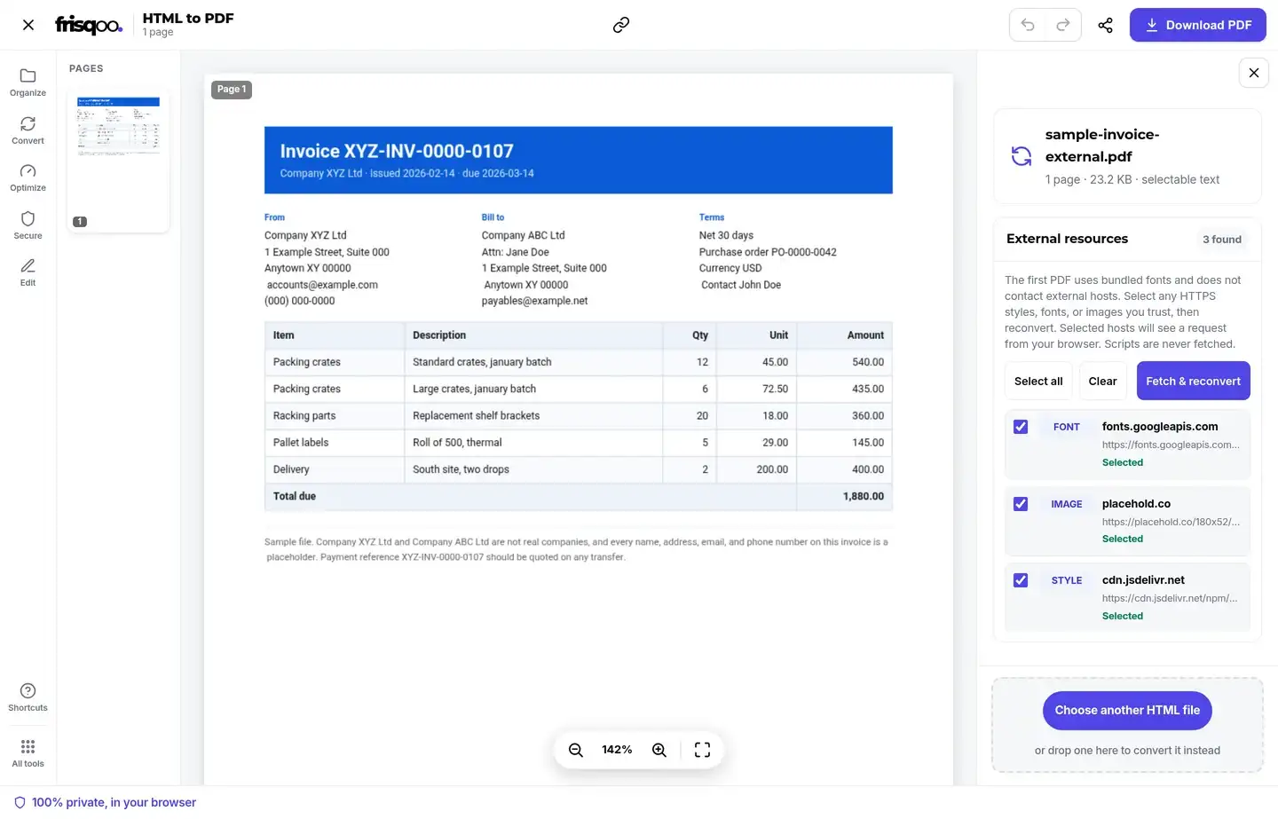 HTML invoice preview with its external font, image, and stylesheet selected for fetching