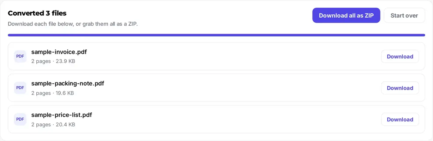 Bulk mode listing several converted HTML files, each with its page count, size, and download button, above a Download all as ZIP button.