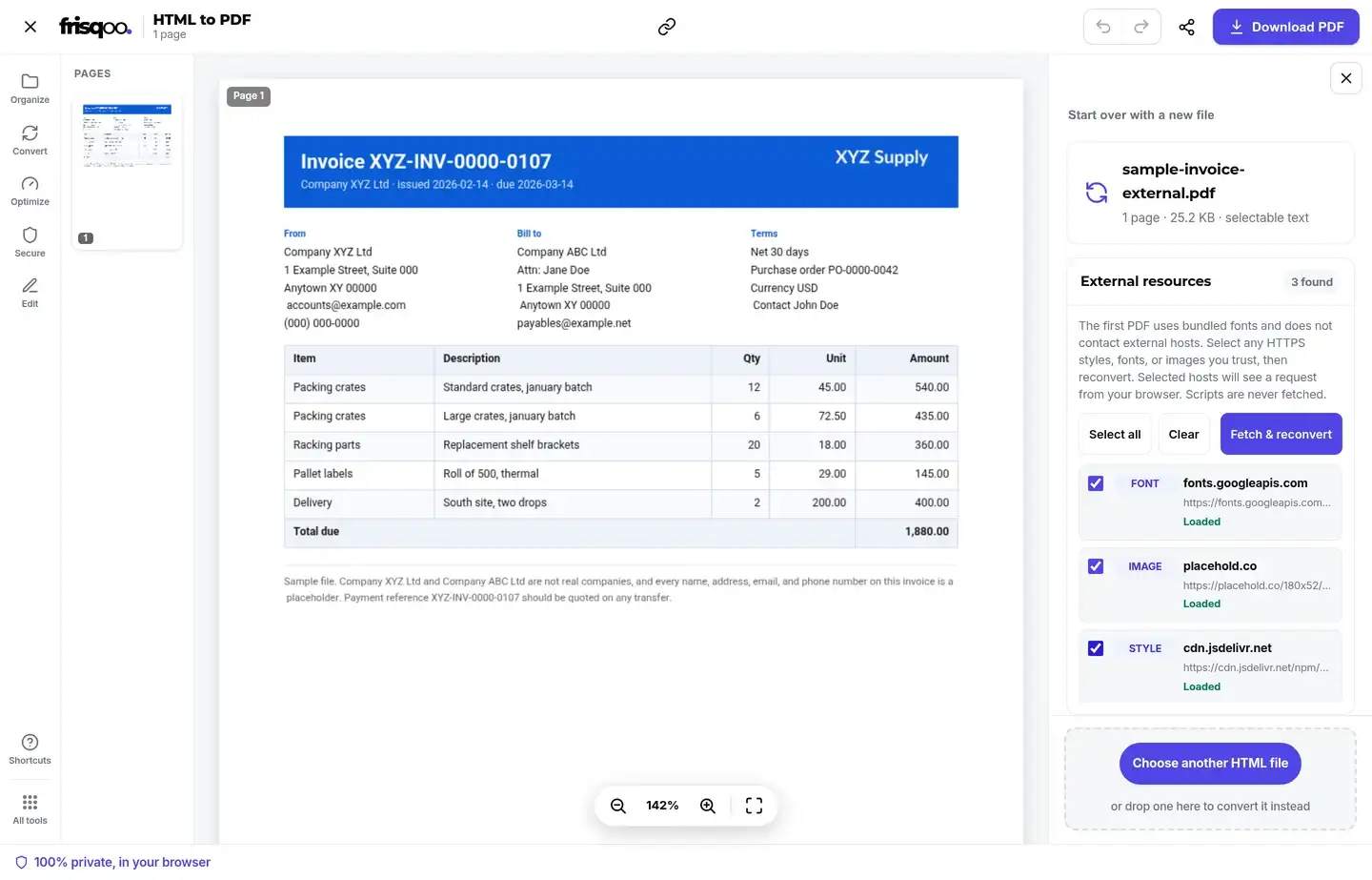 Reconverted invoice preview with its external font, image, and stylesheet marked Loaded