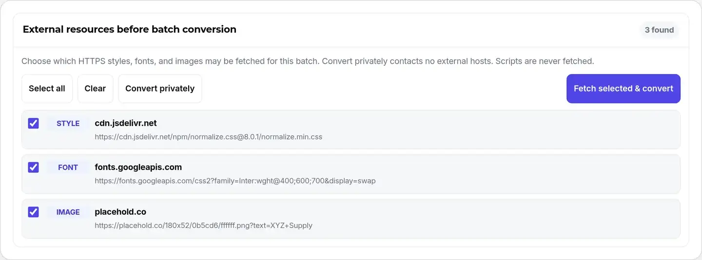 Batch conversion resource review with an external stylesheet, font, and image selected
