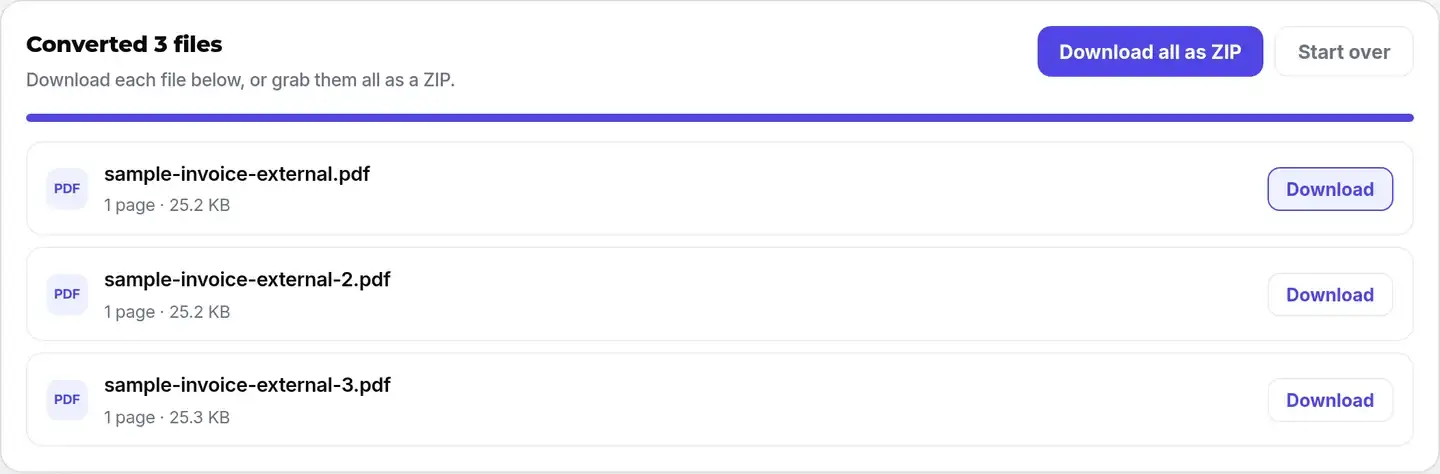 Completed batch of three external-resource HTML invoices with individual downloads and Download all as ZIP