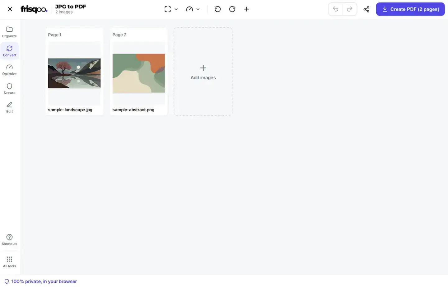 Image thumbnails arranged in page order in the JPG to PDF editor, with size and quality controls
