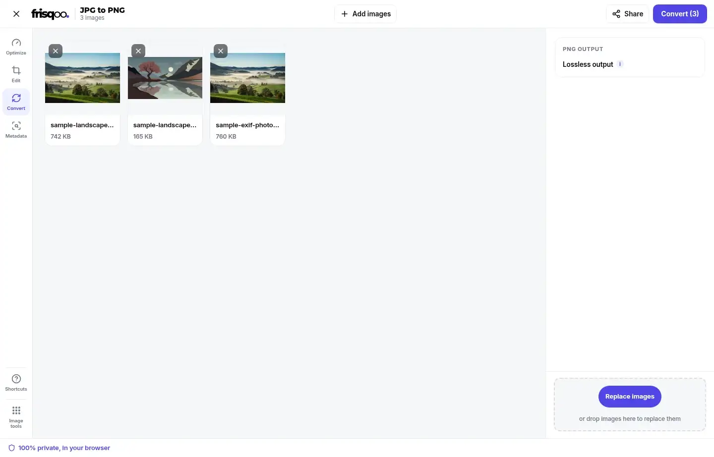 Three JPG images queued in the frisqoo JPG to PNG workspace with a Convert button
